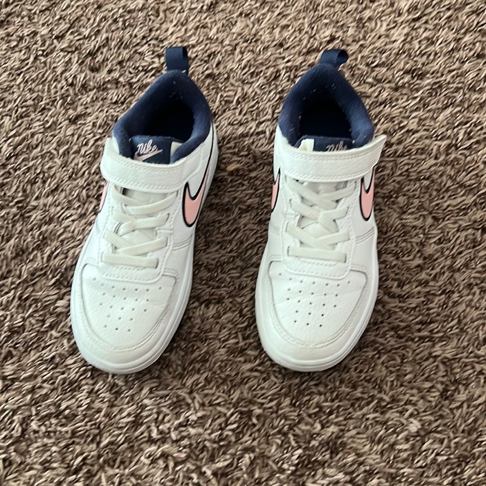 White pink and navy blue Nike sneakers for toddlers size 12